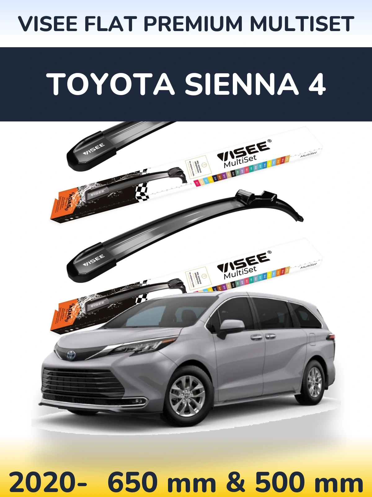 Komplet przednich wycieraczek VISEE FLAT PREMIUM MultiSet 650 & 500 mm do Toyota Sienna 4 2020-2026