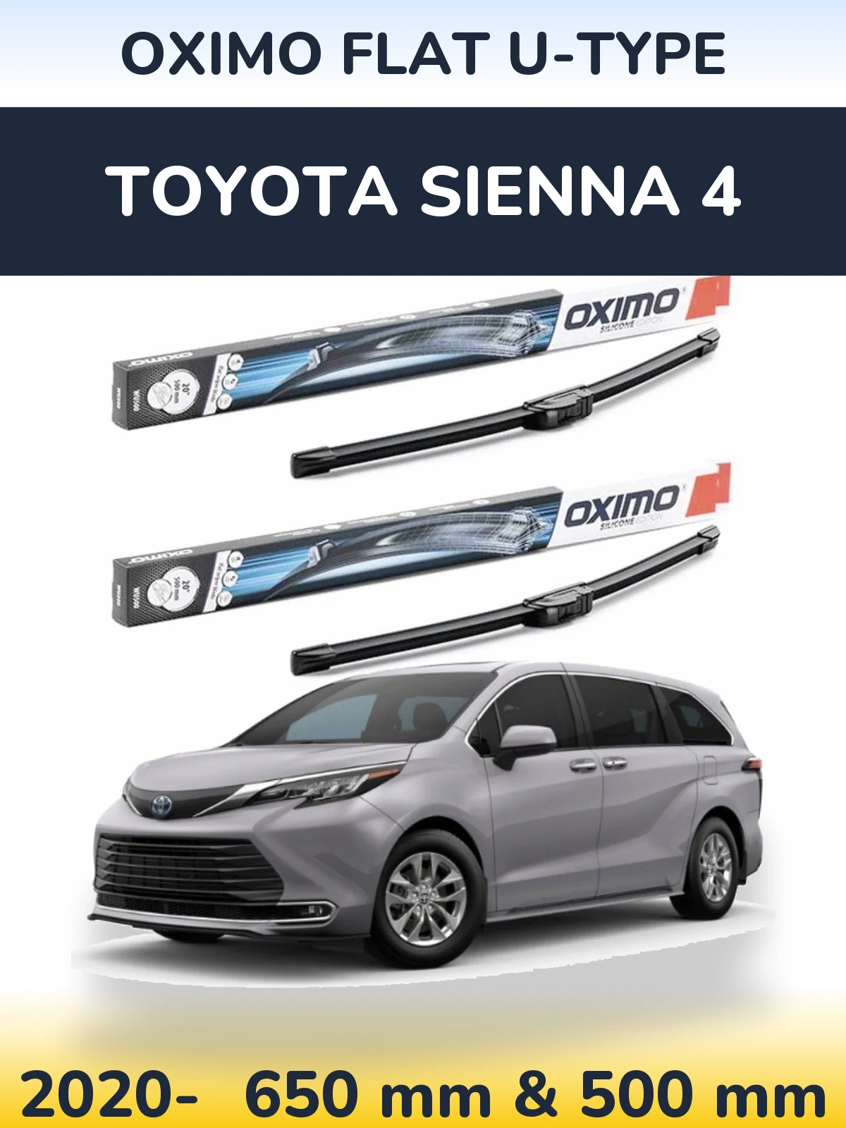 Комплект передних дворников Oximo Flat U-type 650 & 500 мм для Toyota Sienna 4 2020-2026
