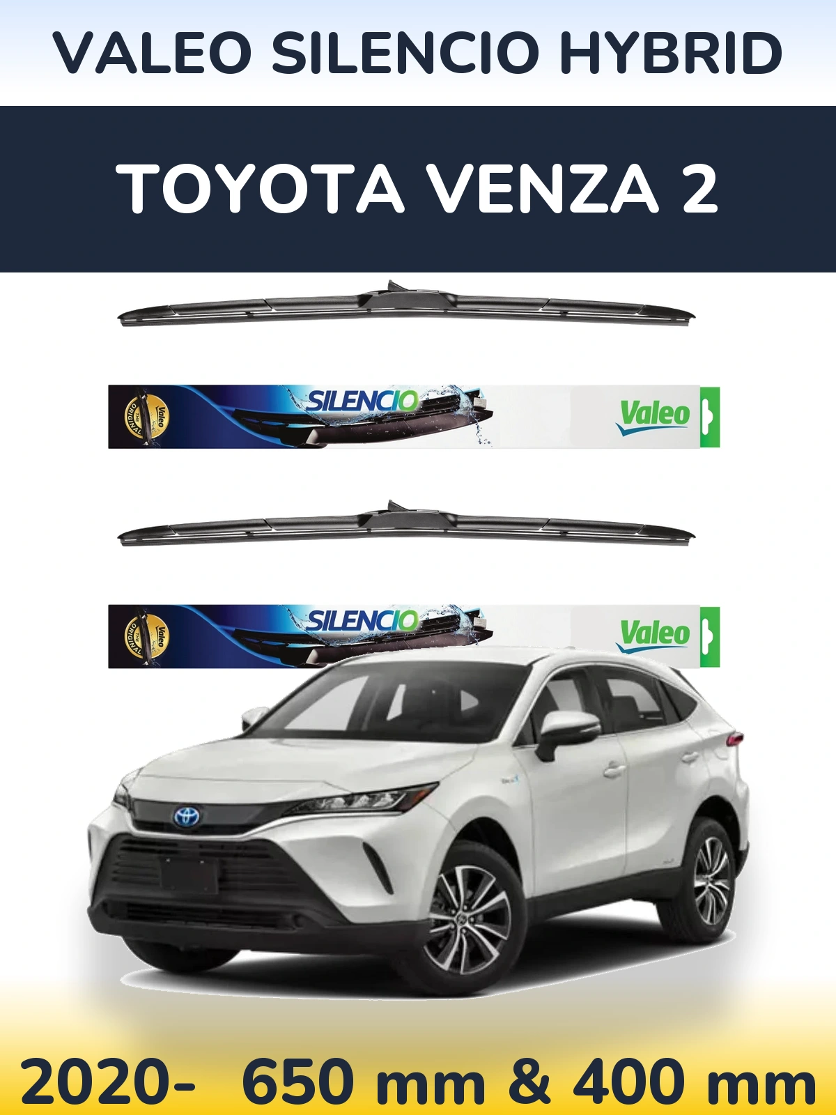 Front wiper blade set Valeo Silencio Hybrid 650 & 400 mm for Toyota Venza 2 2020-2026