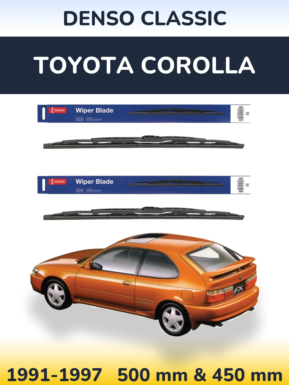 Front wiper blade set Denso Classic 500 & 450 mm for Toyota Corolla 1991-1997