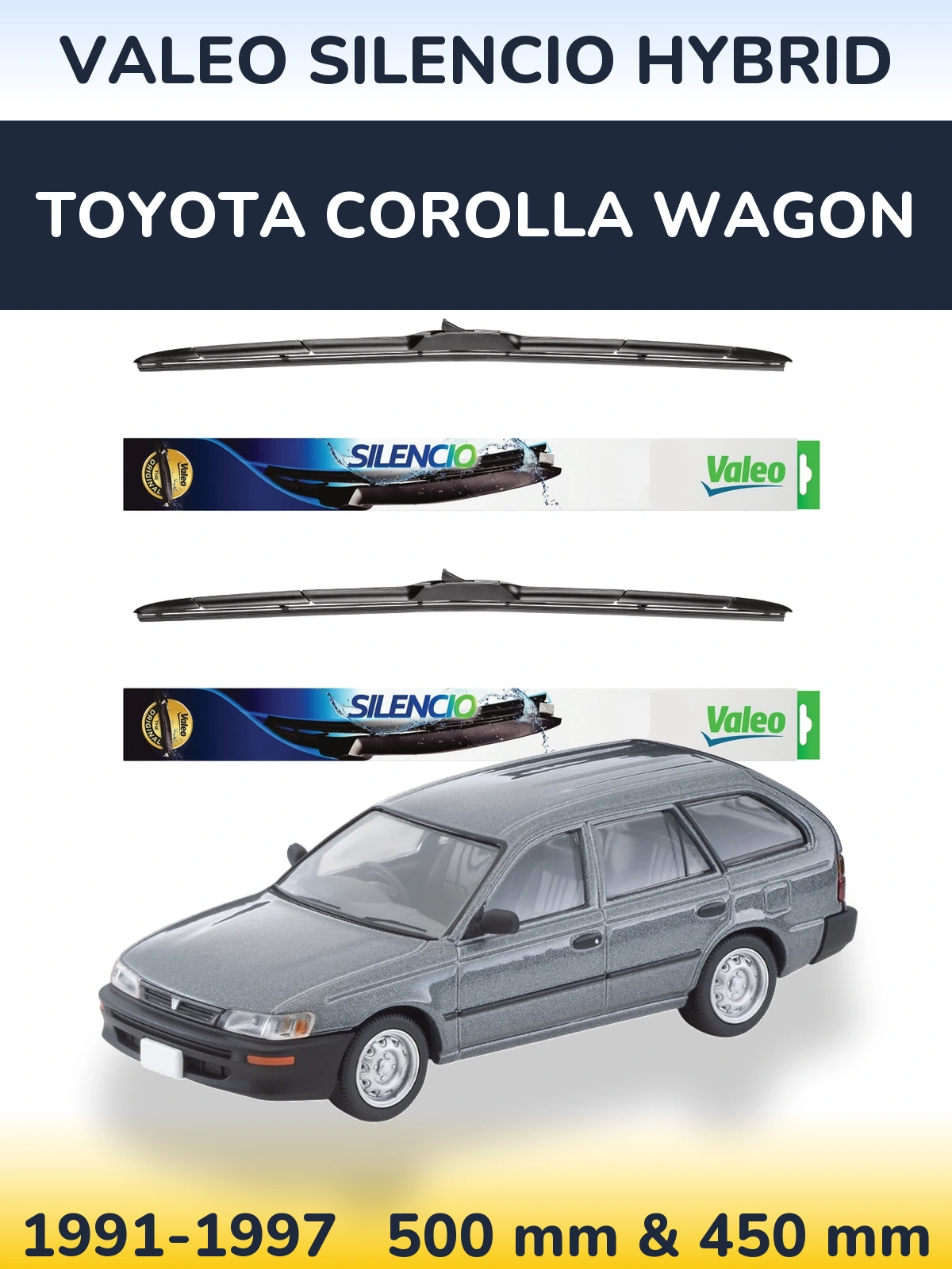 Komplet przednich wycieraczek Valeo Silencio Hybrid 500 & 450 mm do Toyota Corolla Wagon 1991-1997