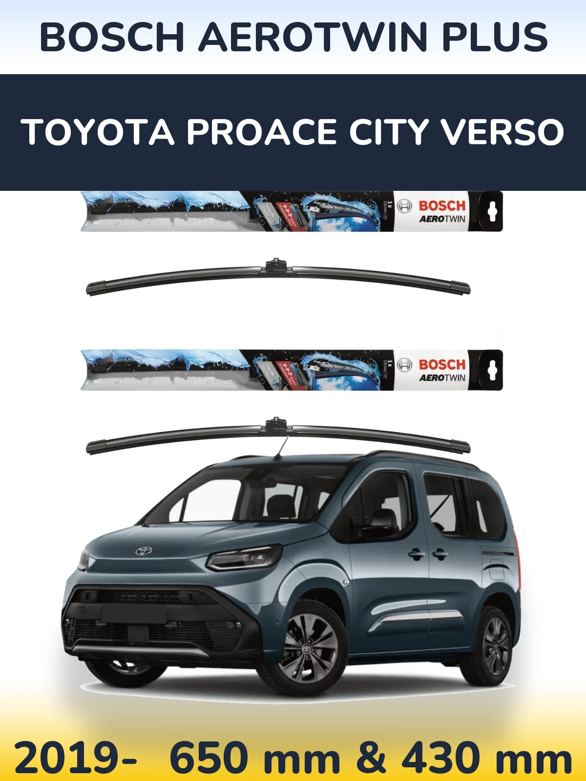 Комплект передних дворников BOSCH AeroTwin Plus 650 & 430 мм для Toyota ProAce City Verso 2019-2026