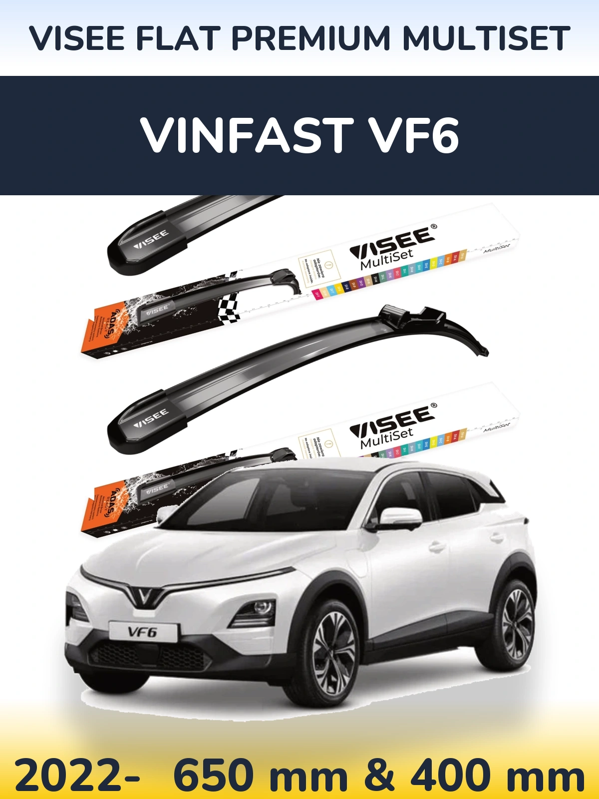 Komplet przednich wycieraczek VISEE FLAT PREMIUM MultiSet 650 & 400 mm do Vinfast VF6 2022-2026