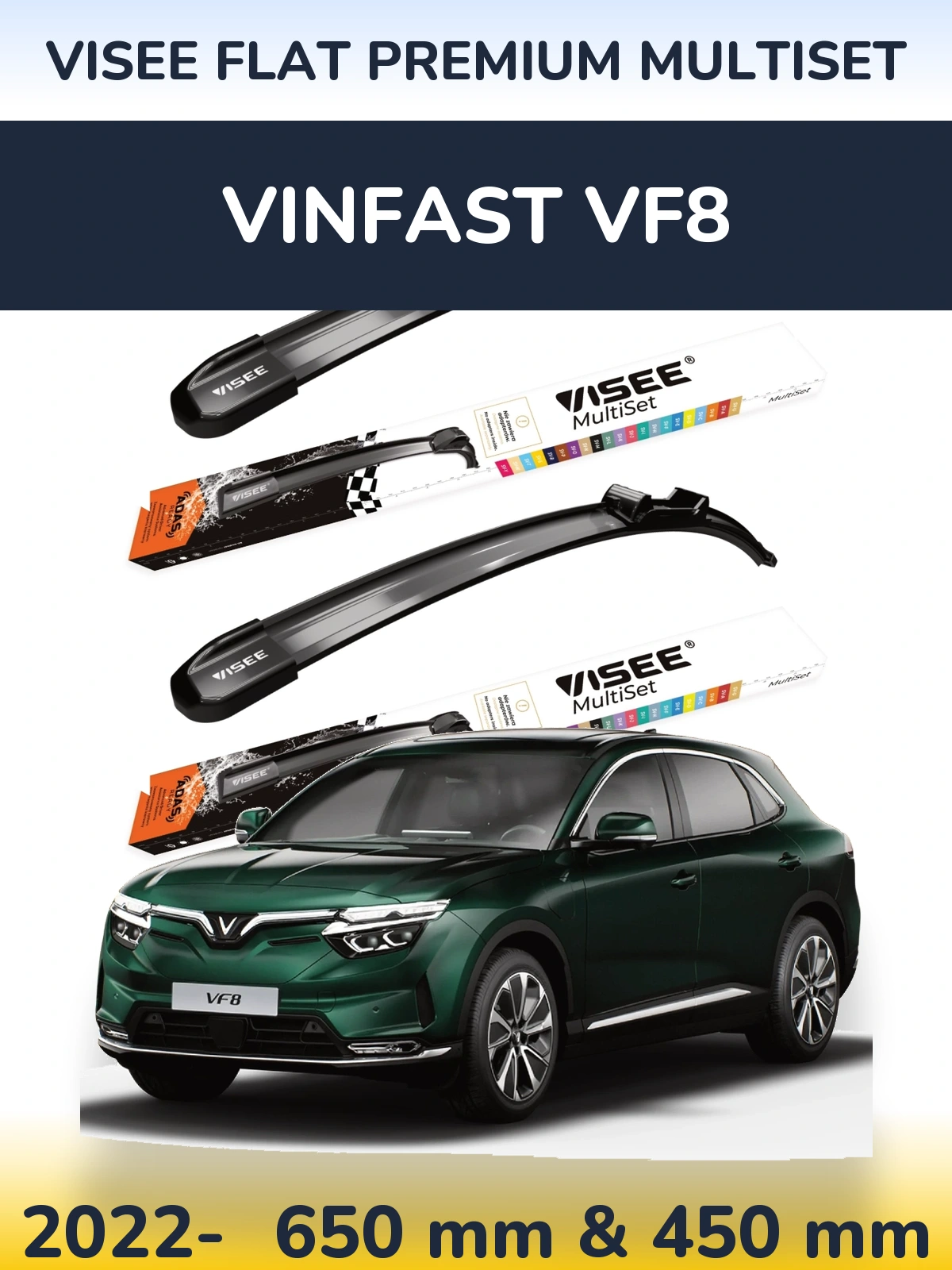 Front wiper blade set VISEE FLAT PREMIUM MultiSet 650 & 450 mm for Vinfast VF8 2022-2026