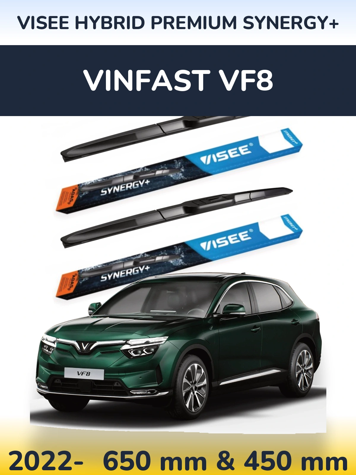 Komplet przednich wycieraczek VISEE HYBRID PREMIUM SYNERGY+ 650 & 450 mm do Vinfast VF8 2022-2026