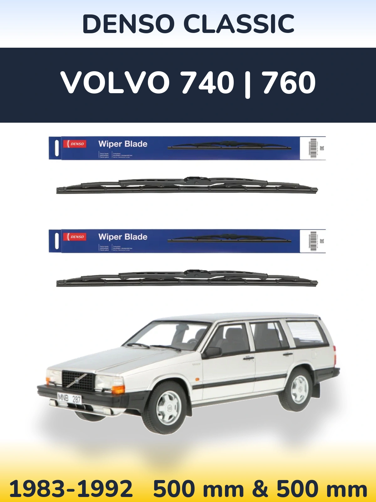Komplet przednich wycieraczek Denso Classic 500 & 500 mm do Volvo 740 | 760 1983-1992