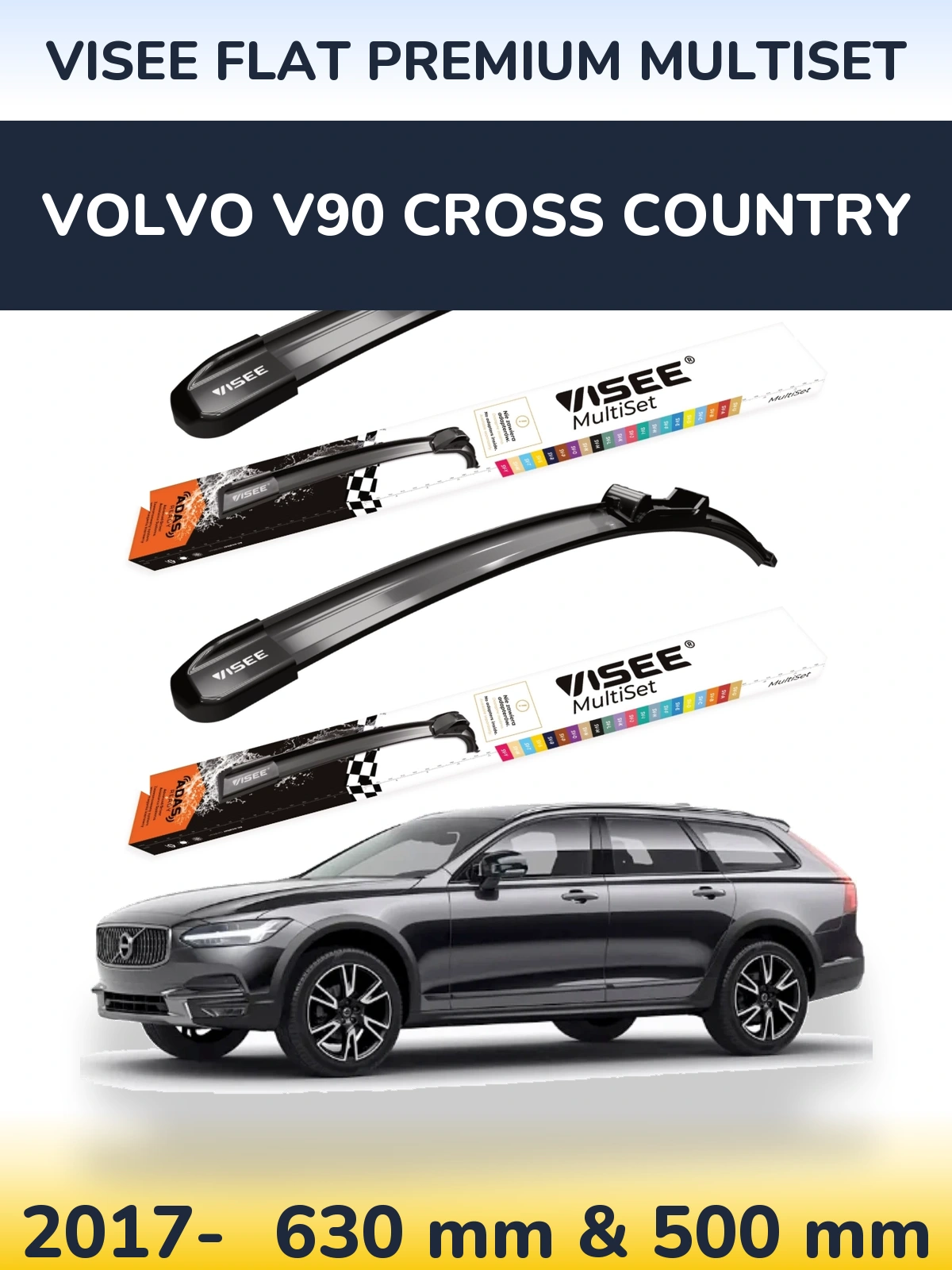 Комплект передних дворников VISEE FLAT PREMIUM MultiSet 630 & 500 мм для Volvo V90 Cross Country 2017-2026