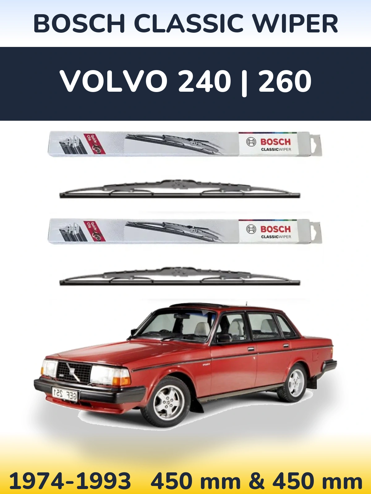 Комплект передних дворников BOSCH Classic Wiper 450 & 450 мм для Volvo 240 | 260 1974-1993
