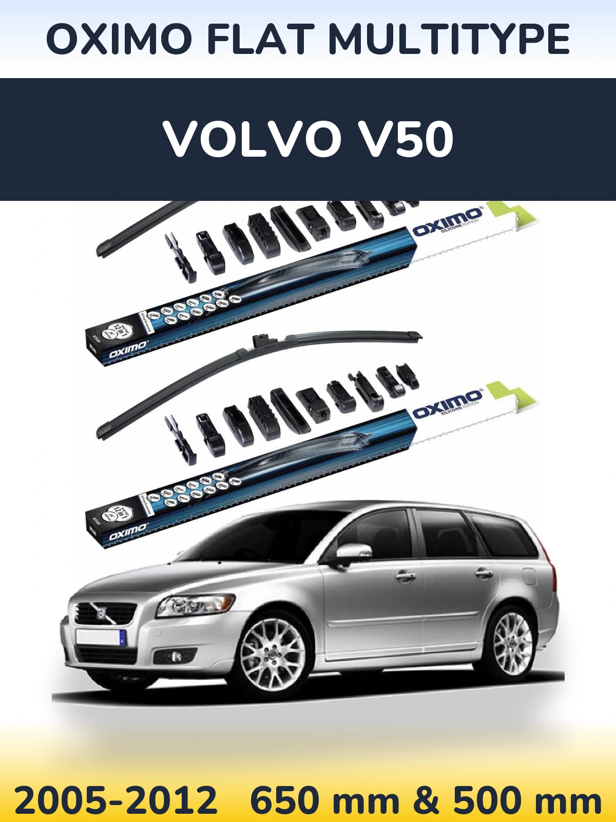Komplet przednich wycieraczek Oximo Flat MultiType 650 & 500 mm do Volvo V50 2005-2012