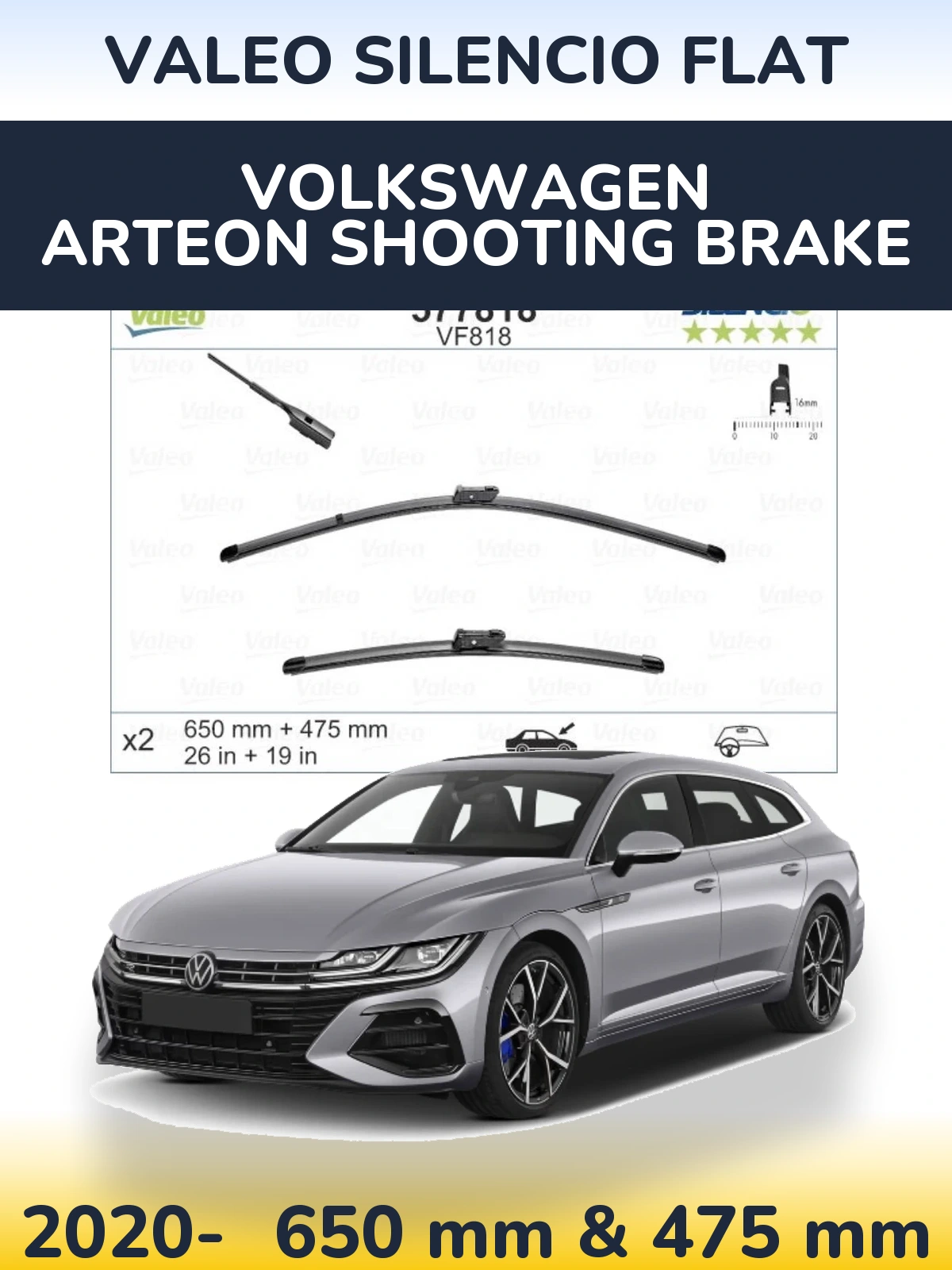 Komplet przednich wycieraczek Valeo Silencio Flat 650 & 475 mm do Volkswagen Arteon Shooting Brake 2020-2026