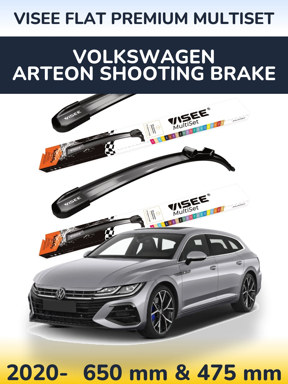 Komplet przednich wycieraczek VISEE FLAT PREMIUM MultiSet 650 & 475 mm do Volkswagen Arteon Shooting Brake 2020-2026
