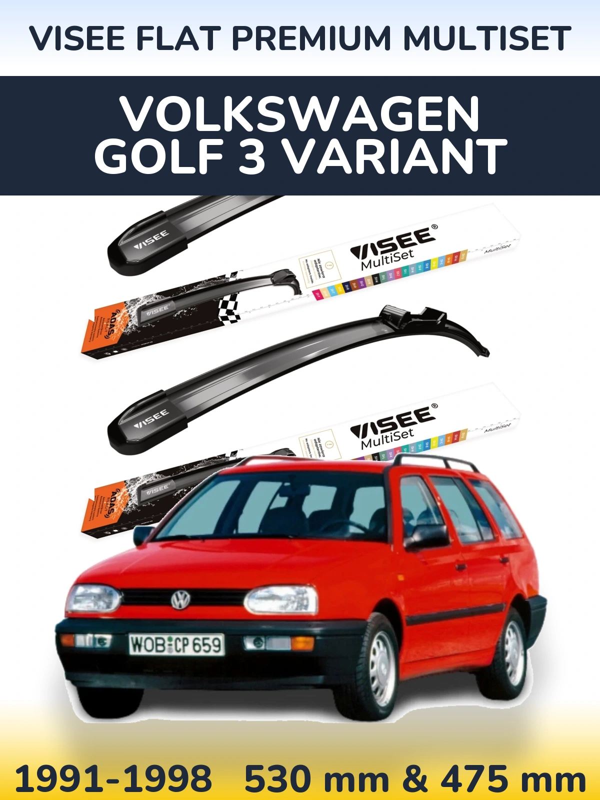Komplet przednich wycieraczek VISEE FLAT PREMIUM MultiSet 530 & 475 mm do Volkswagen Golf 3 Variant 1991-1998