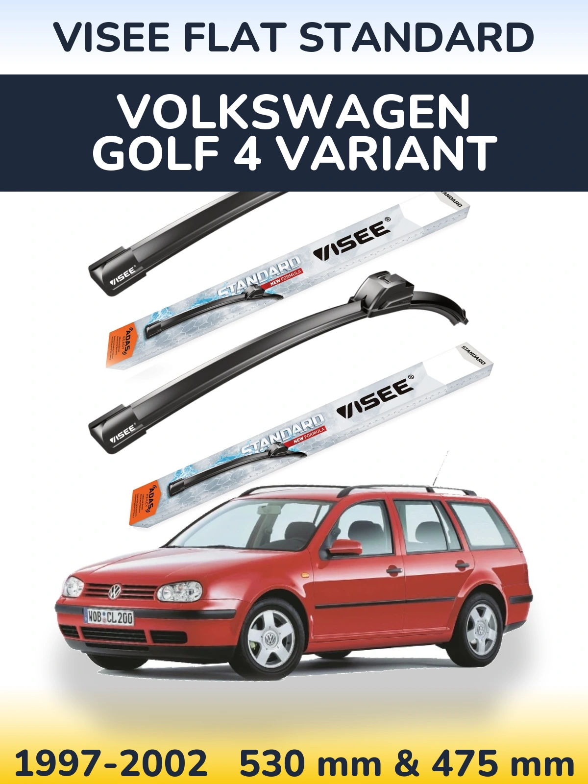 Komplet przednich wycieraczek VISEE FLAT STANDARD 530 & 475 mm do Volkswagen Golf 4 Variant 1997-2002