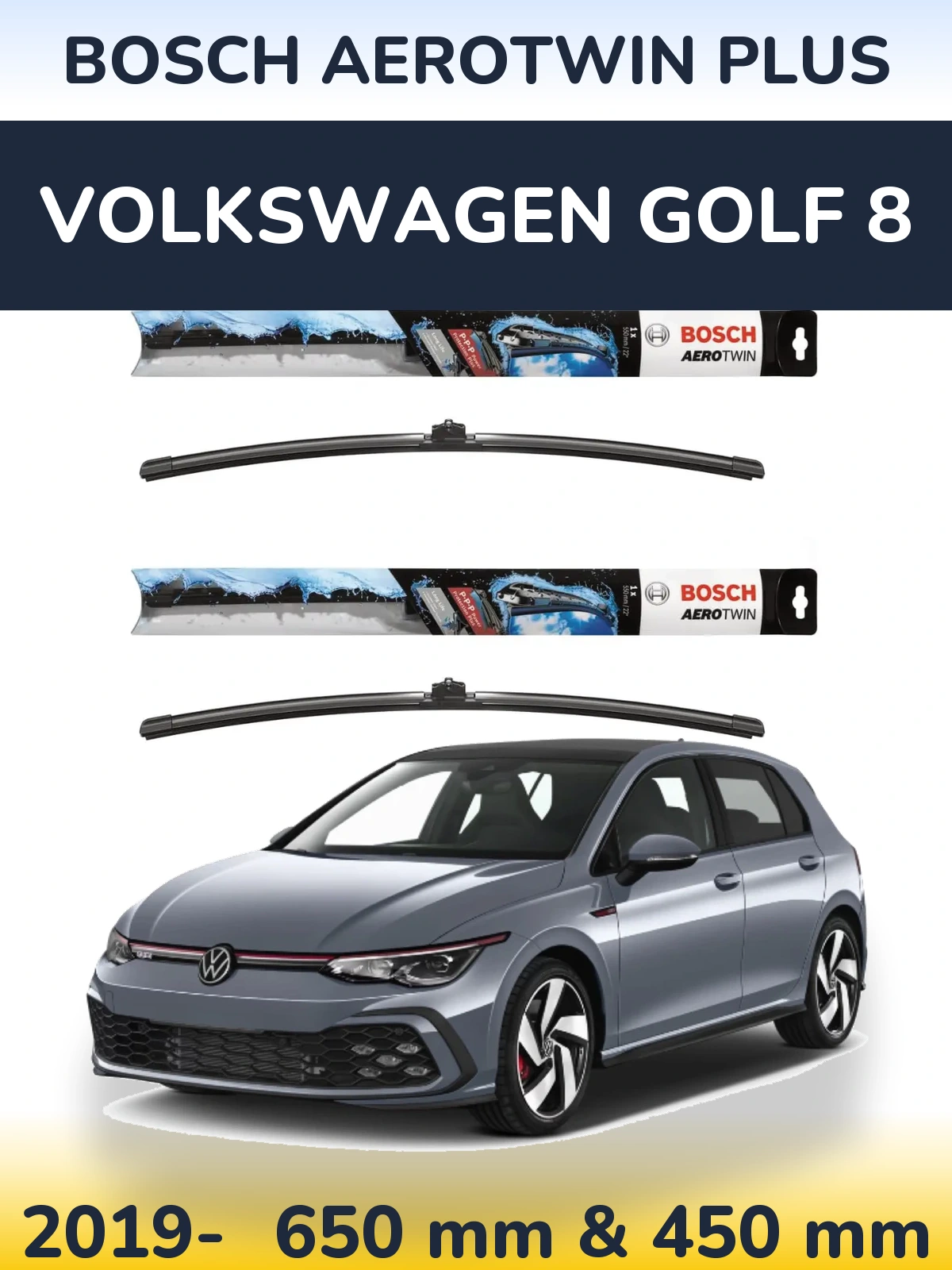 Комплект передних дворников BOSCH AeroTwin Plus 650 & 450 мм для Volkswagen Golf 8 2019-2026