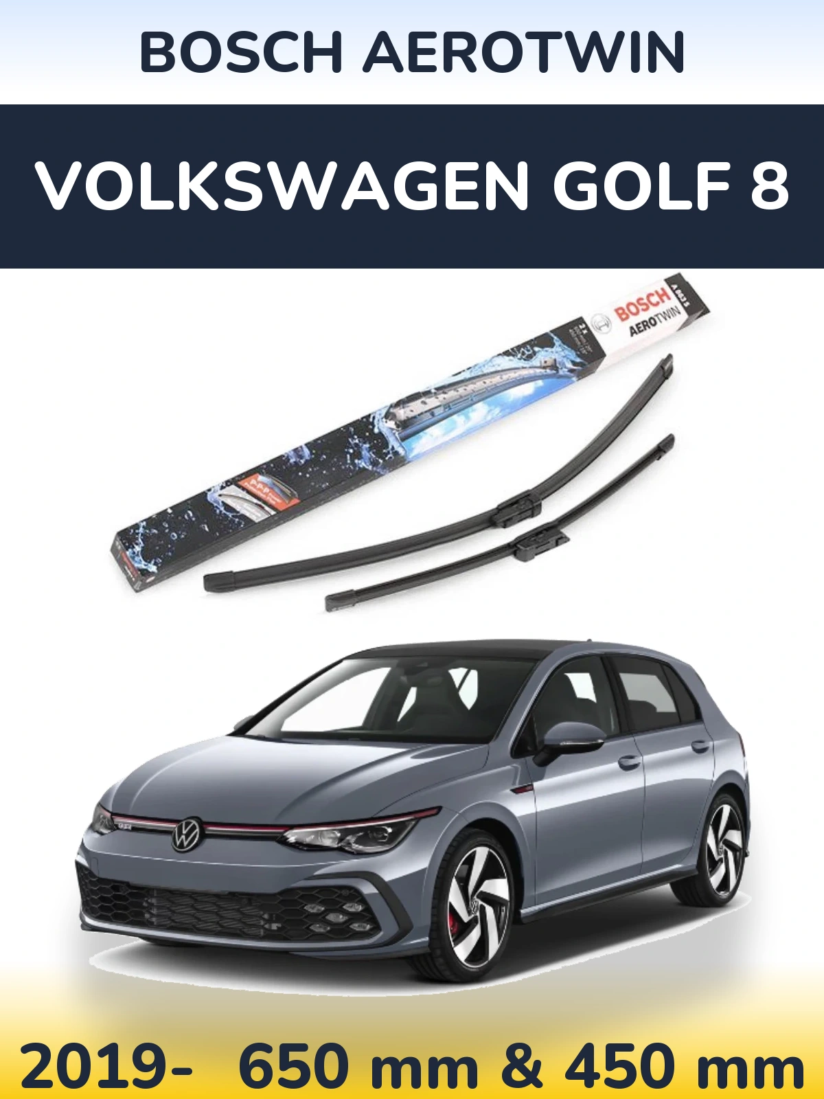 Комплект передних дворников BOSCH AeroTwin 650 & 450 мм для Volkswagen Golf 8 2019-2026