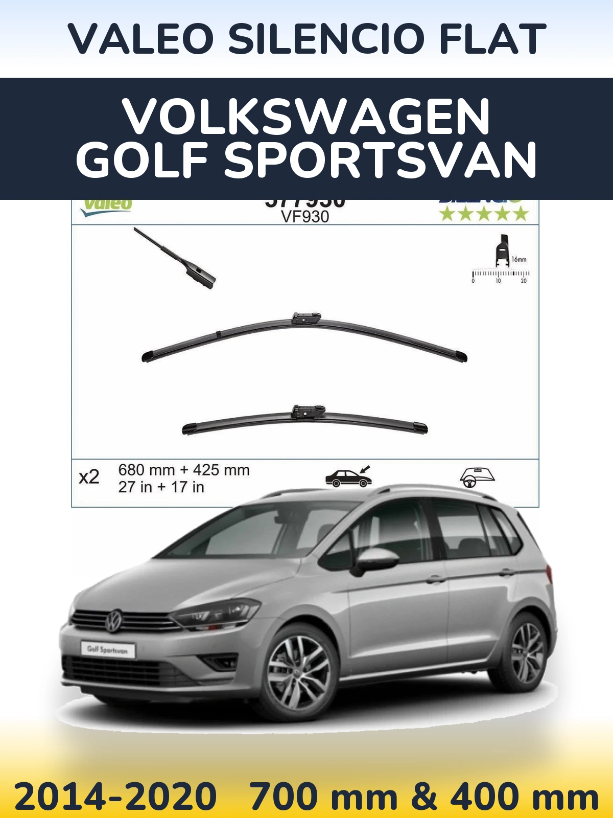 Komplet przednich wycieraczek Valeo Silencio Flat 680 & 400 mm do Volkswagen Golf Sportsvan 2014-2020