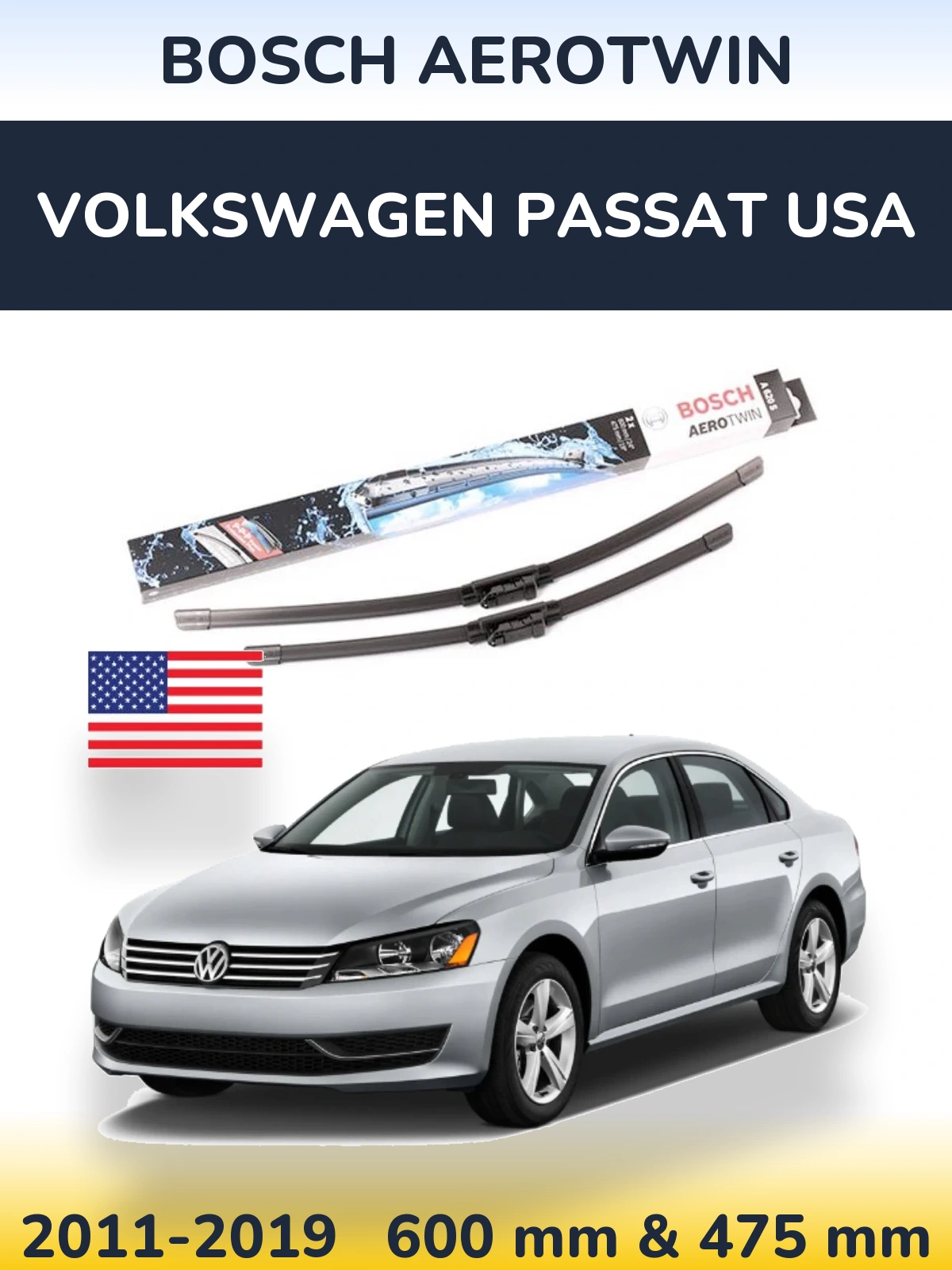 Komplet przednich wycieraczek BOSCH AeroTwin 600 & 475 mm do Volkswagen Passat USA 2011-2019