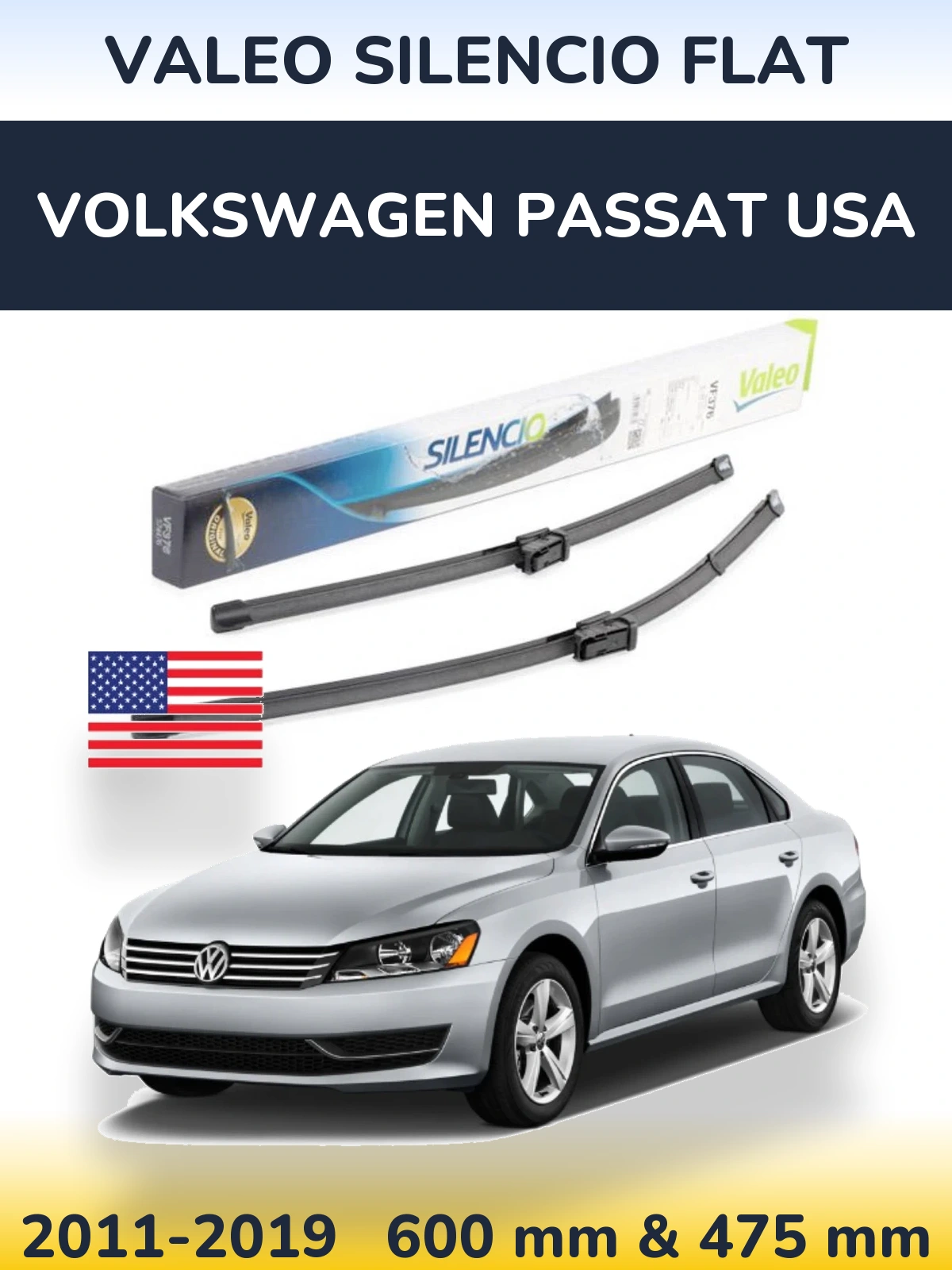 Komplet przednich wycieraczek Valeo Silencio Flat 600 & 475 mm do Volkswagen Passat USA 2011-2019