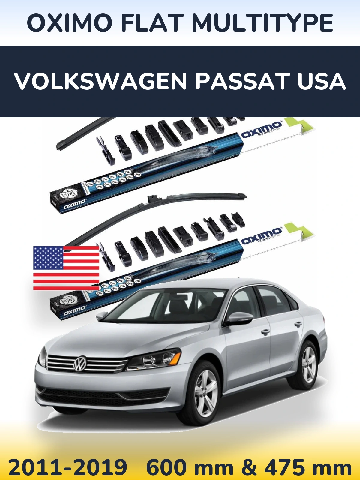 Комплект передних дворников Oximo Flat MultiТипe 600 & 475 мм для Volkswagen Passat USA 2011-2019