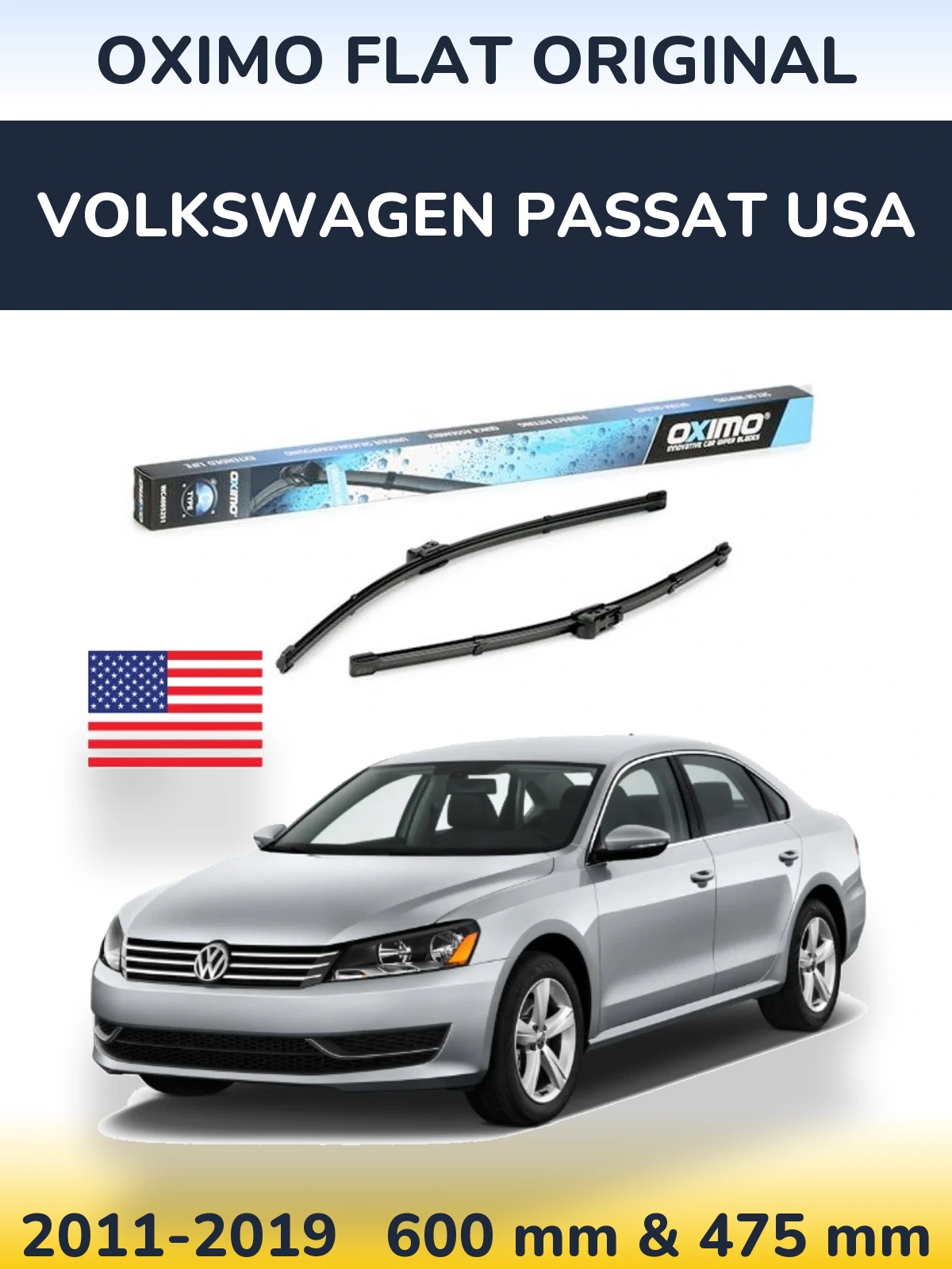 Комплект передних дворников Oximo Flat Original 600 & 475 мм для Volkswagen Passat USA 2011-2019