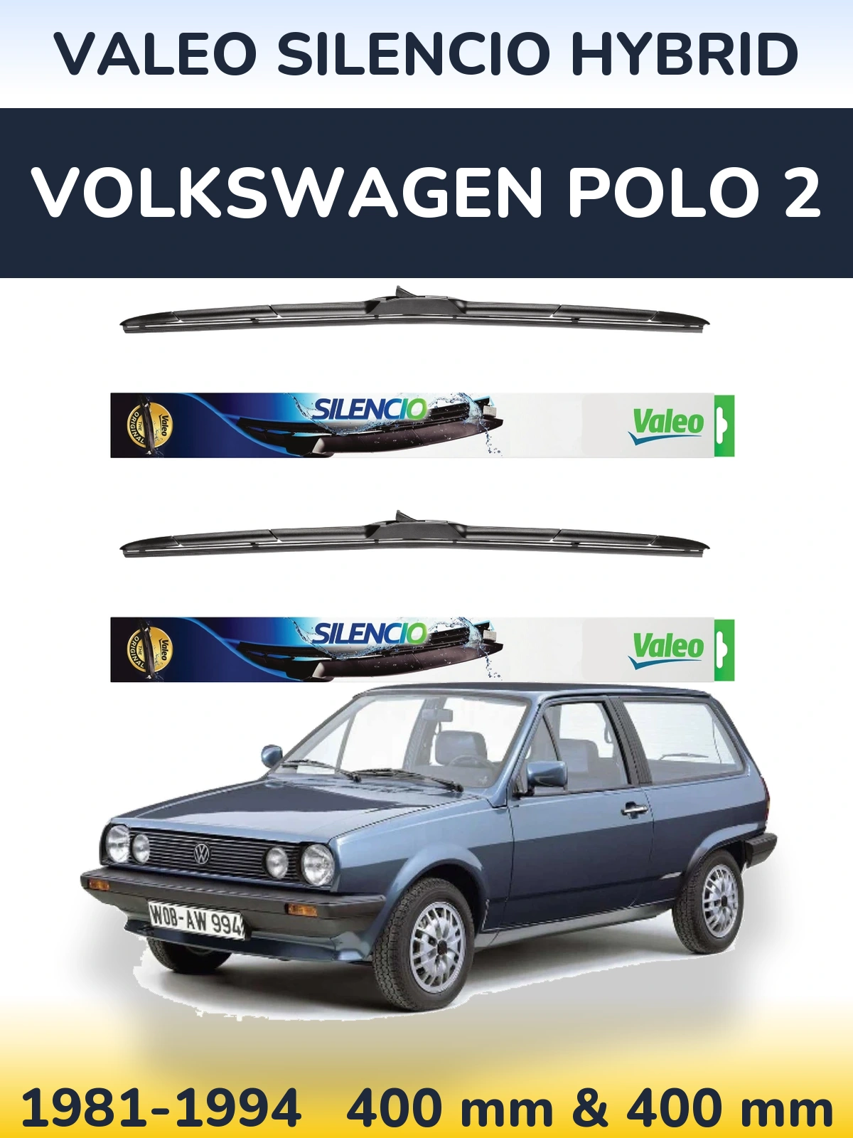 Komplet przednich wycieraczek Valeo Silencio Hybrid 400 & 400 mm do Volkswagen Polo 2 1981-1994