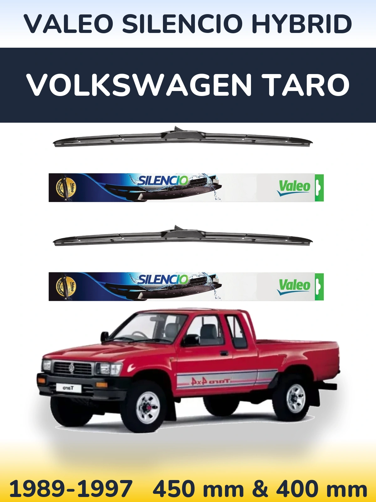 Front wiper blade set Valeo Silencio Hybrid 450 & 400 mm for Volkswagen Taro 1989-1997