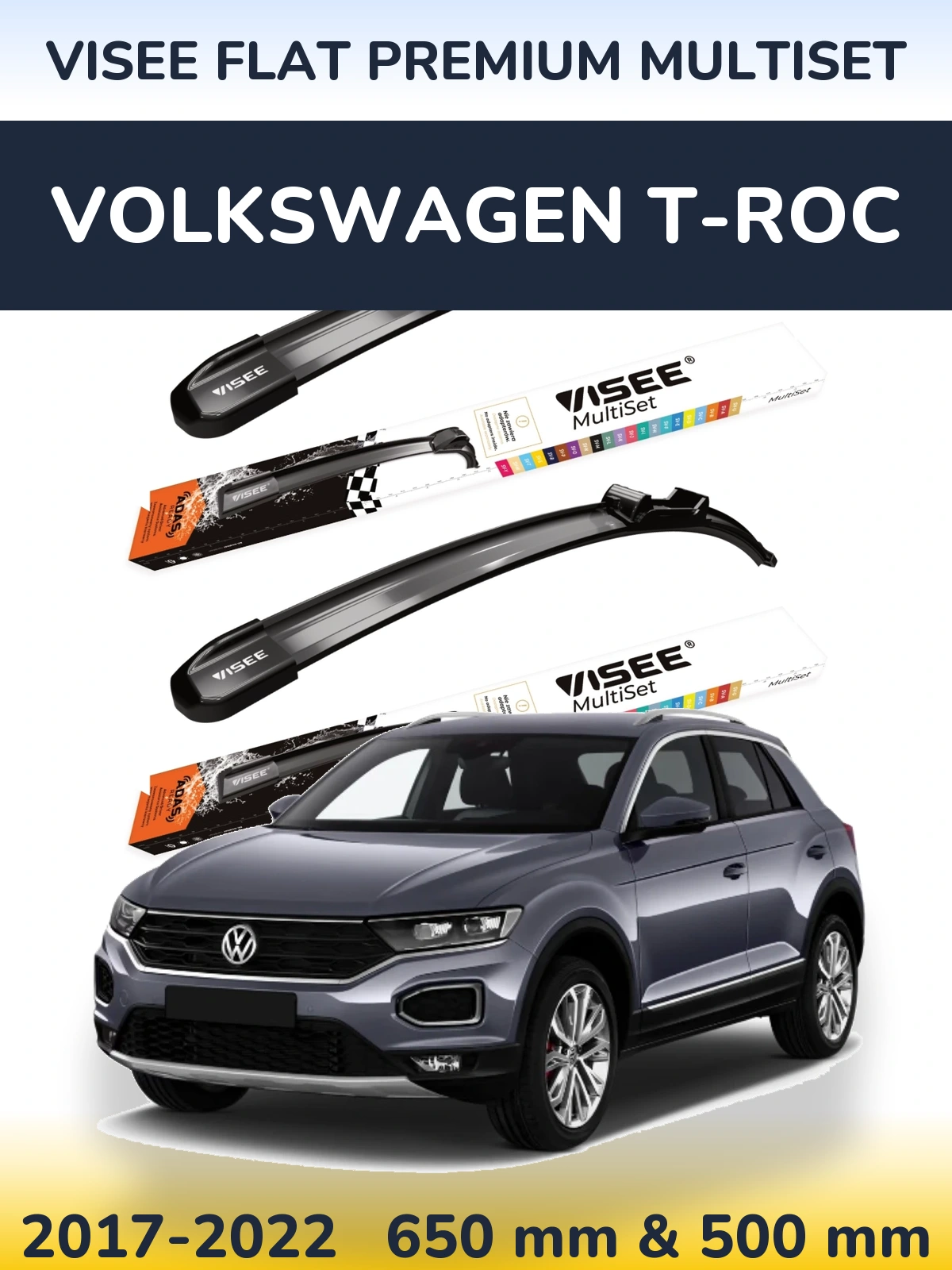 Komplet przednich wycieraczek VISEE FLAT PREMIUM MultiSet 650 & 500 mm do Volkswagen T-Roc 2017-2022