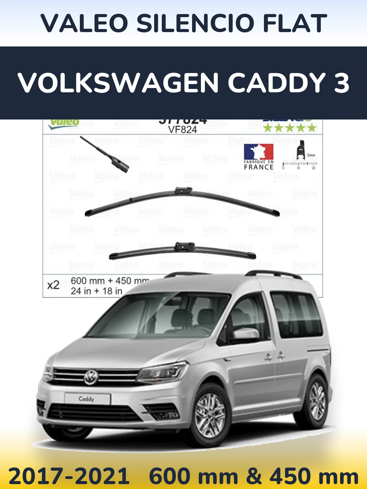 Komplet przednich wycieraczek Valeo Silencio Flat 600 & 450 mm do Volkswagen Caddy 3 2017-2021