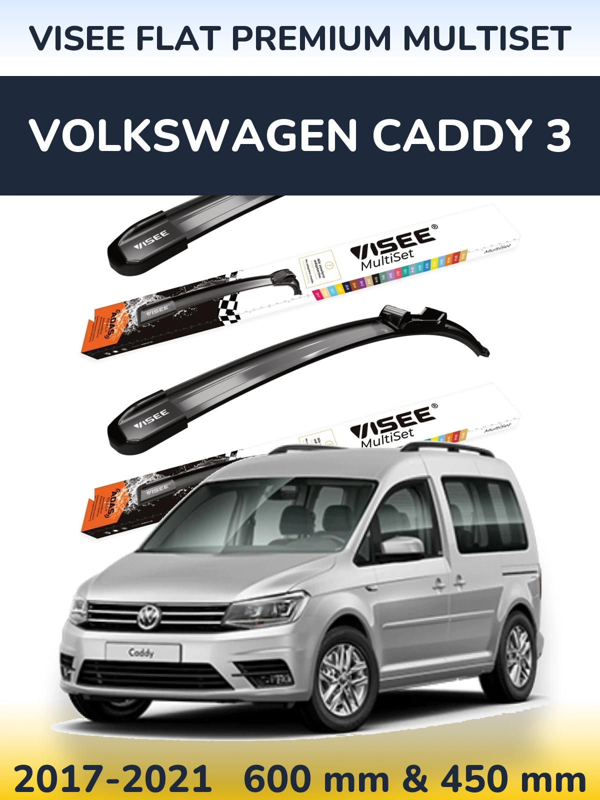 Komplet przednich wycieraczek VISEE FLAT PREMIUM MultiSet 600 & 450 mm do Volkswagen Caddy 3 2017-2021