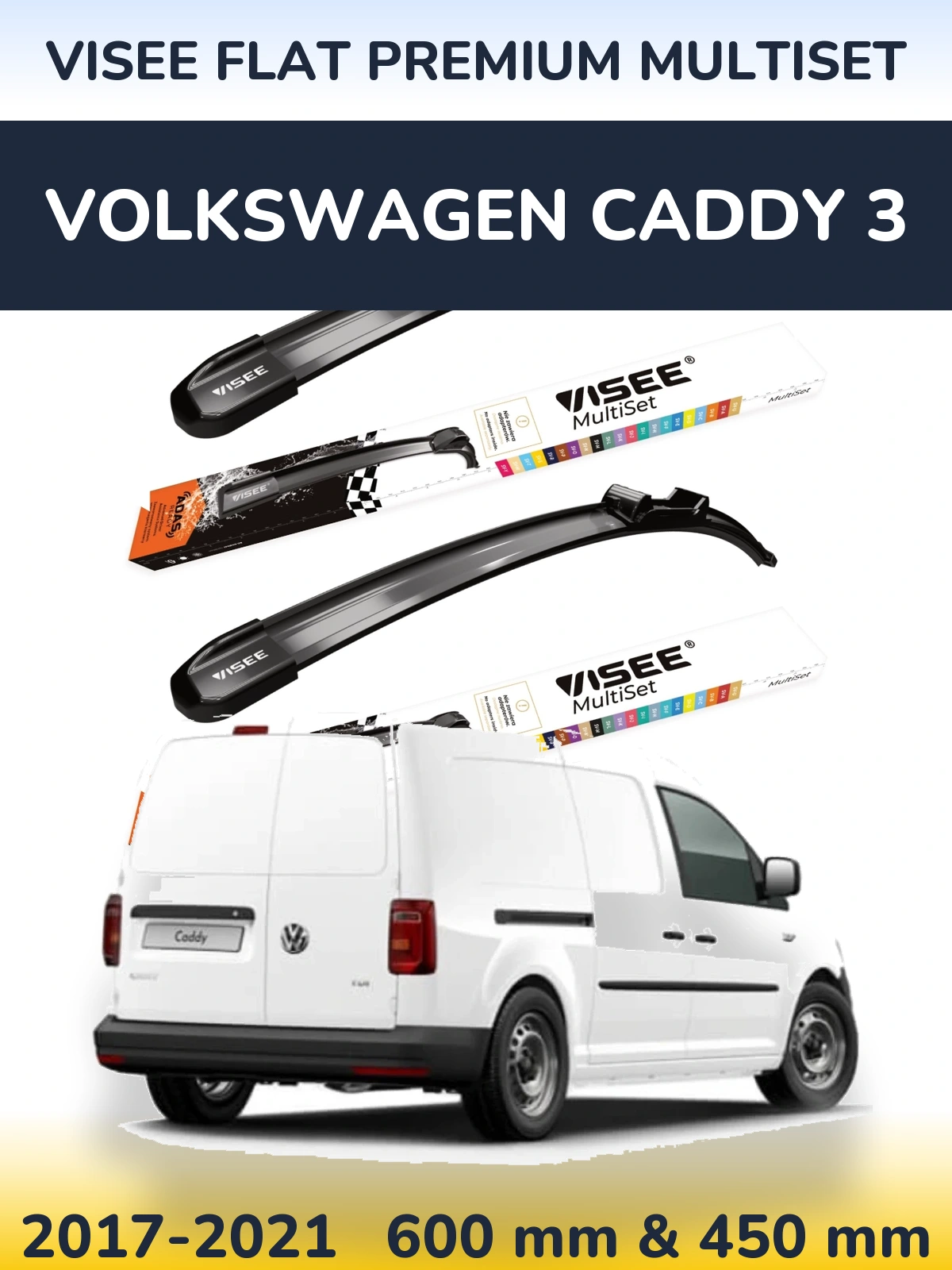 Комплект передних дворников VISEE FLAT PREMIUM MultiSet 600 & 450 мм для Volkswagen Caddy 3 2017-2021