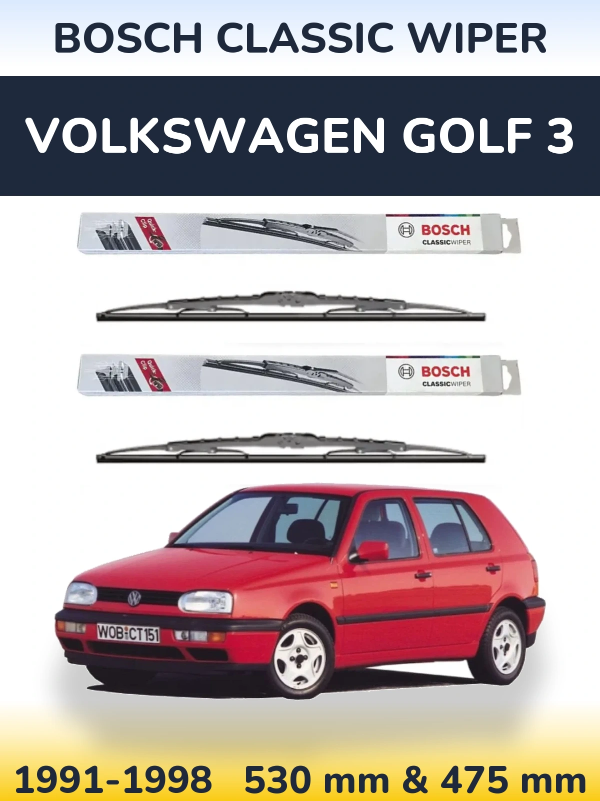 Komplet przednich wycieraczek BOSCH Classic Wiper 530 & 475 mm do Volkswagen Golf 3 1991-1998