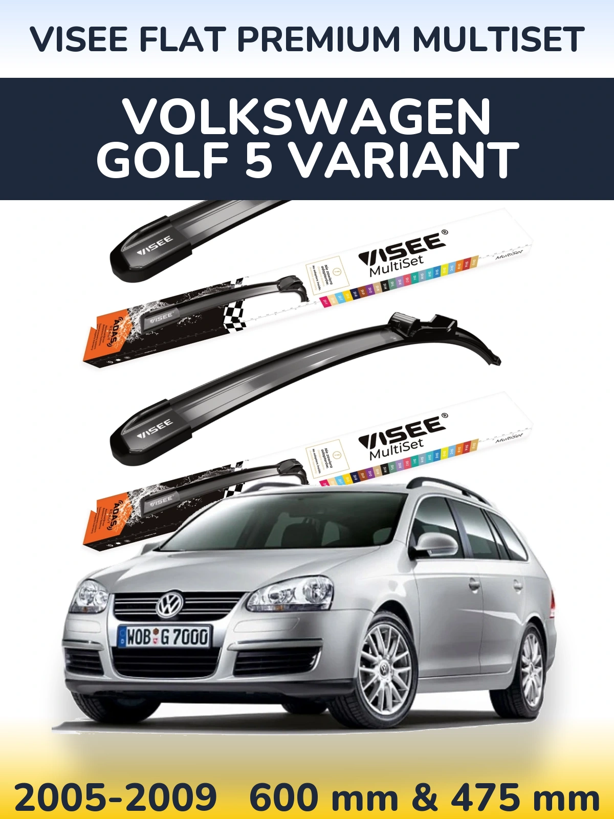 Komplet przednich wycieraczek VISEE FLAT PREMIUM MultiSet 600 & 475 mm do Volkswagen Golf 5 Variant 2005-2009