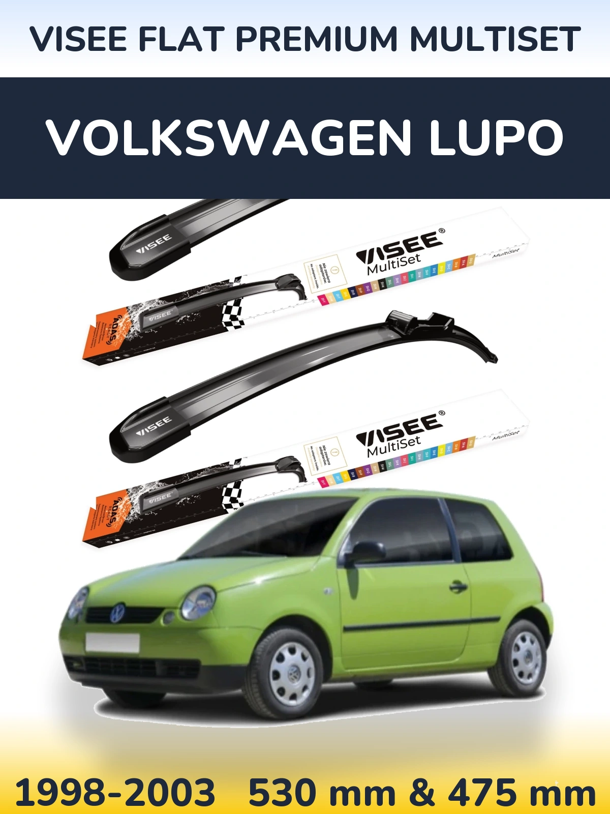 Комплект передних дворников VISEE FLAT PREMIUM MultiSet 530 & 475 мм для Volkswagen Lupo 1998-2003