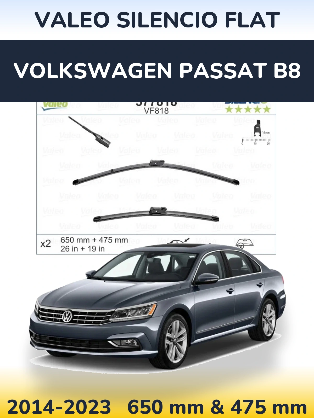 Комплект передних дворников Valeo Silencio Flat 650 & 475 мм для Volkswagen Passat B8 2014-2023