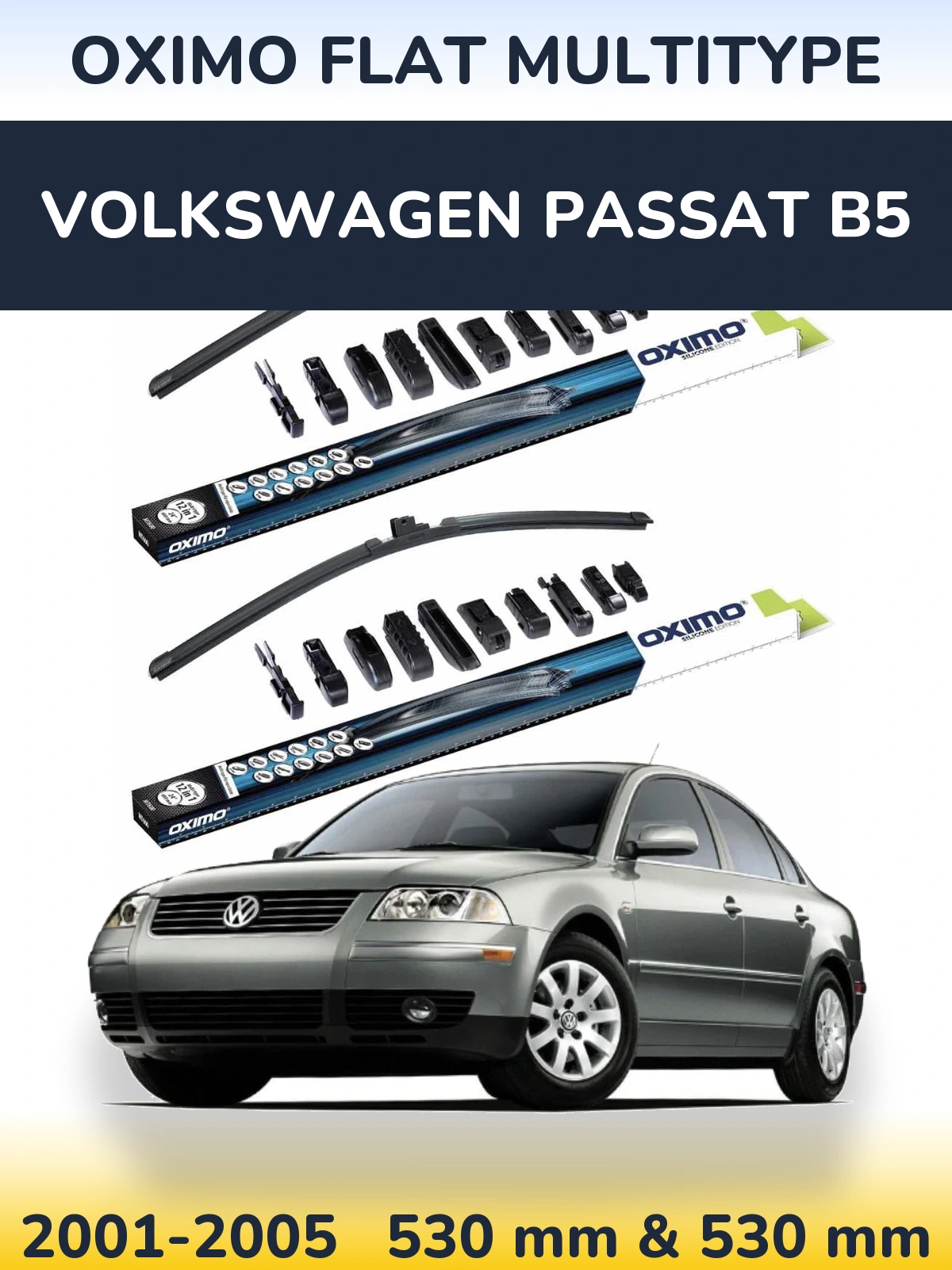 Комплект передних дворников Oximo Flat MultiТипe 530 & 530 мм для Volkswagen Passat B5 2001-2005