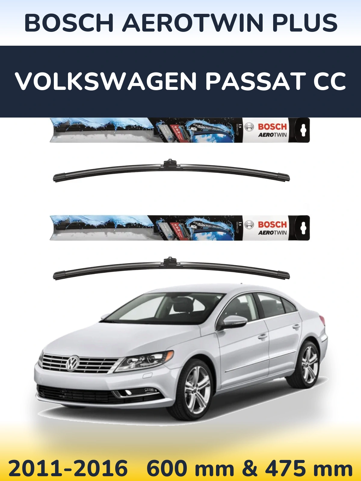Front wiper blade set BOSCH AeroTwin Plus 600 & 475 mm for Volkswagen Passat CC 2011-2016