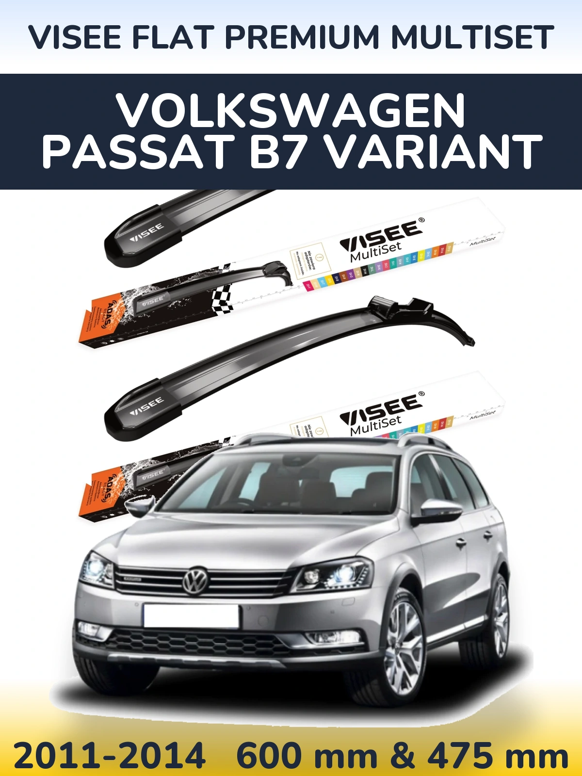 Komplet przednich wycieraczek VISEE FLAT PREMIUM MultiSet 600 & 475 mm do Volkswagen Passat B7 Variant 2011-2014