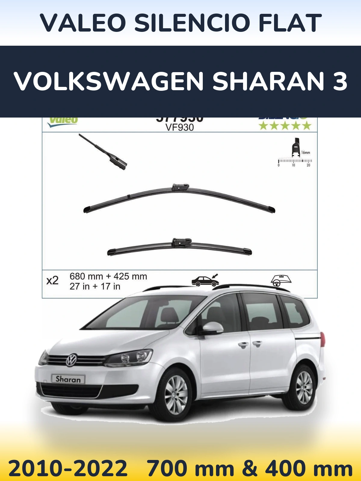 Komplet przednich wycieraczek Valeo Silencio Flat 680 & 400 mm do Volkswagen Sharan 3 2010-2022