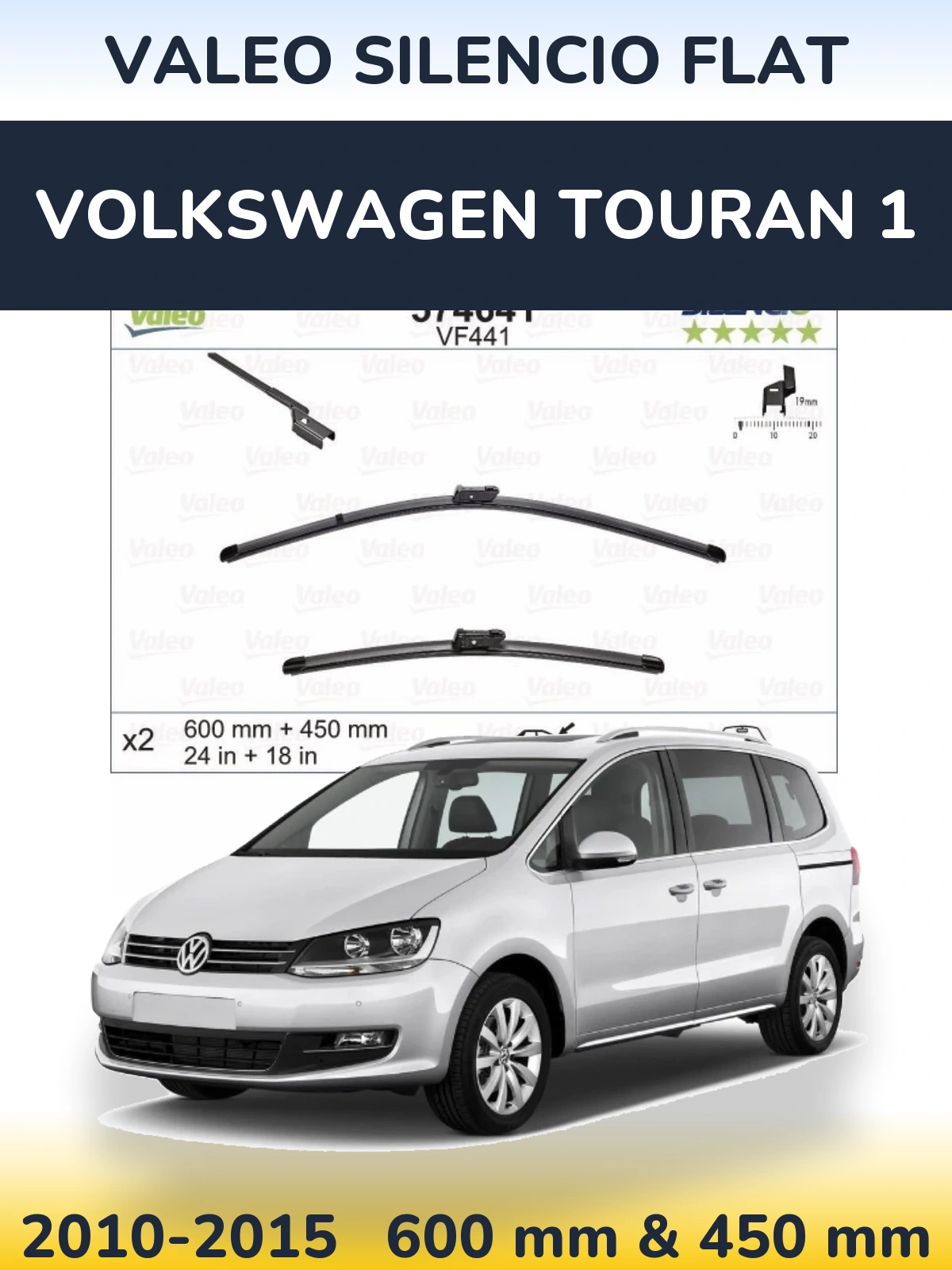 Komplet przednich wycieraczek Valeo Silencio Flat 600 & 450 mm do Volkswagen Touran 1 2010-2015