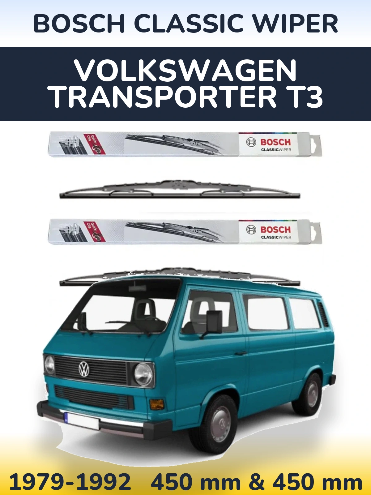 Komplet przednich wycieraczek BOSCH Classic Wiper 450 & 450 mm do Volkswagen Transporter T3 1979-1992