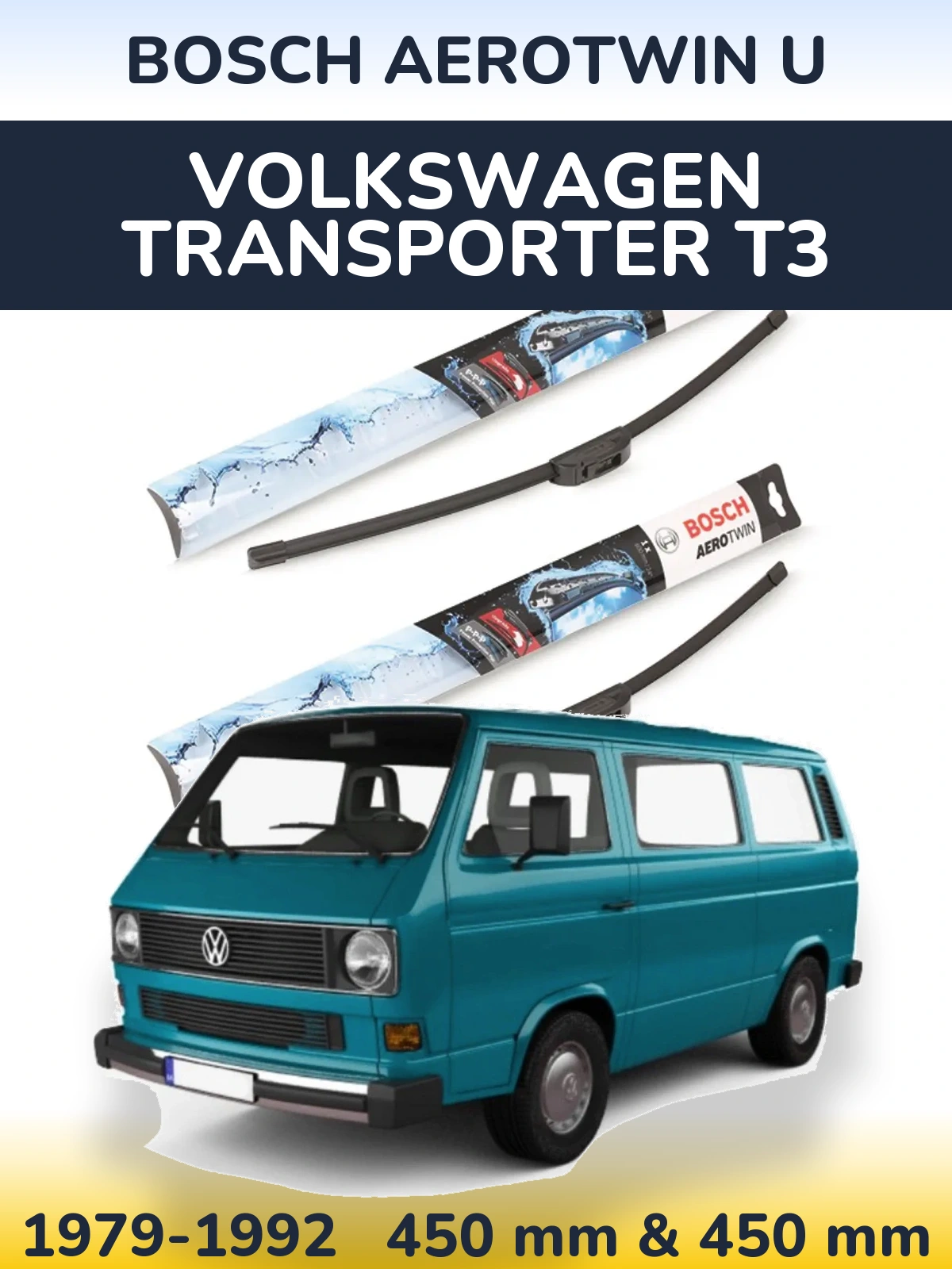 Front wiper blade set BOSCH AeroTwin U 450 & 450 mm for Volkswagen Transporter T3 1979-1992