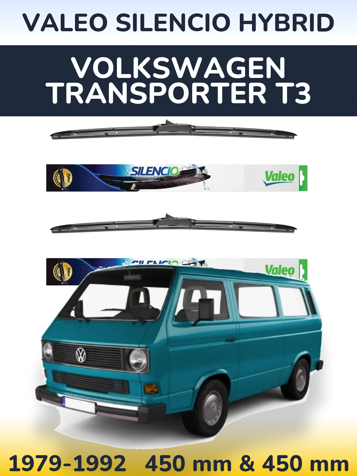 Front wiper blade set Valeo Silencio Hybrid 450 & 450 mm for Volkswagen Transporter T3 1979-1992