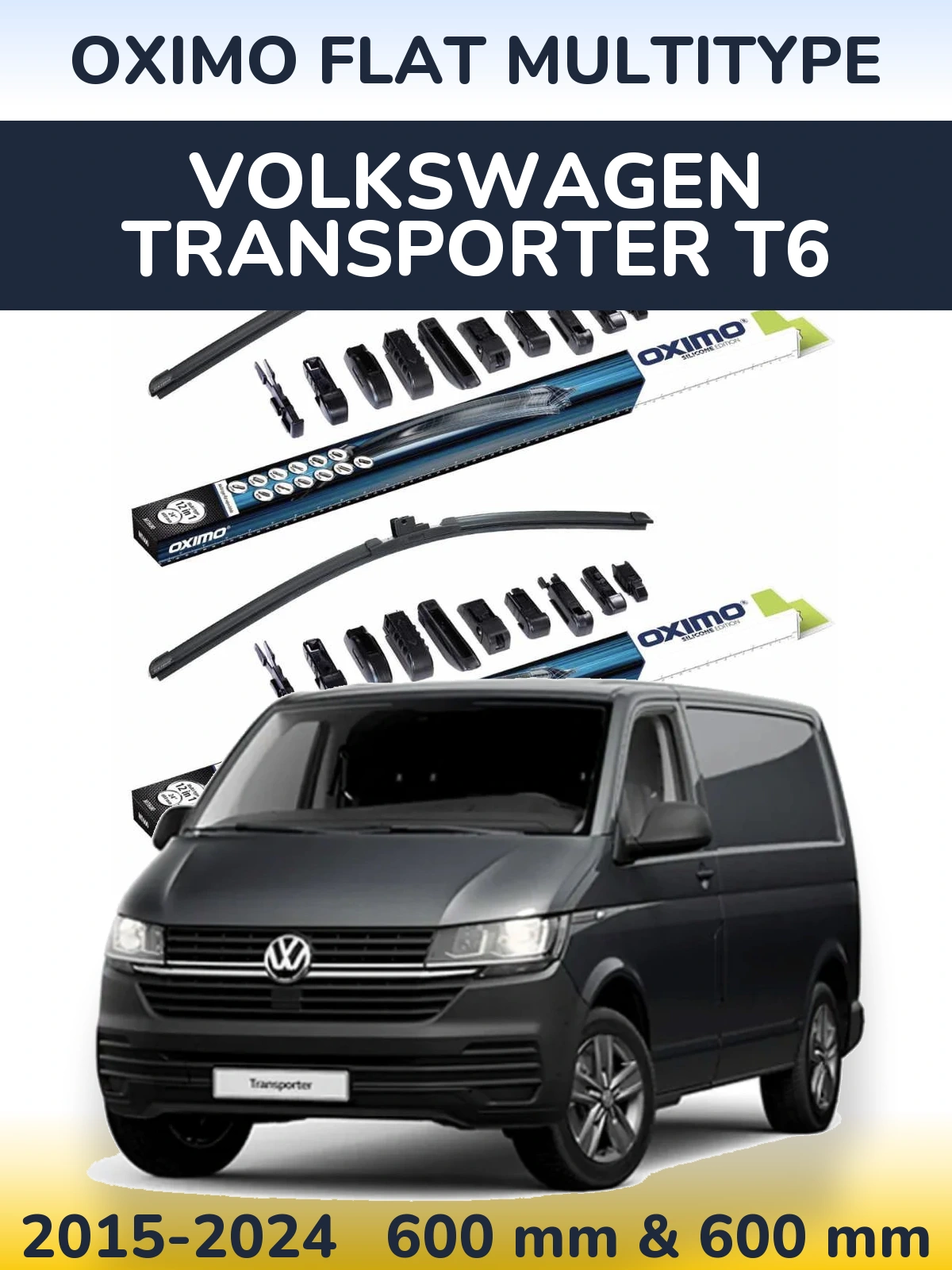 Комплект передних дворников Oximo Flat MultiТипe 600 & 600 мм для Volkswagen Transporter T6 2015-2024