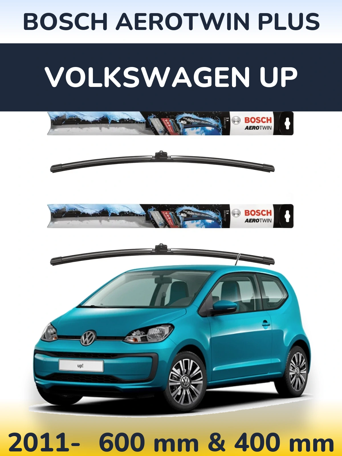 Front wiper blade set BOSCH AeroTwin Plus 600 & 400 mm for Volkswagen Up 2011-2026