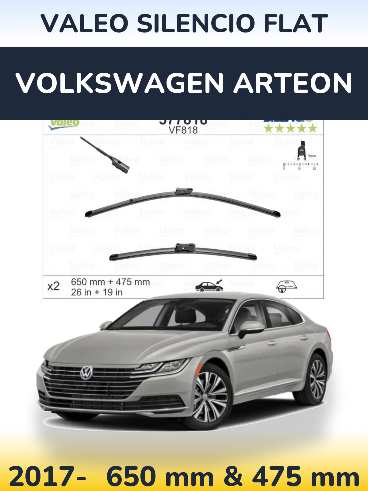 Komplet przednich wycieraczek Valeo Silencio Flat 650 & 475 mm do Volkswagen Arteon 2017-2026