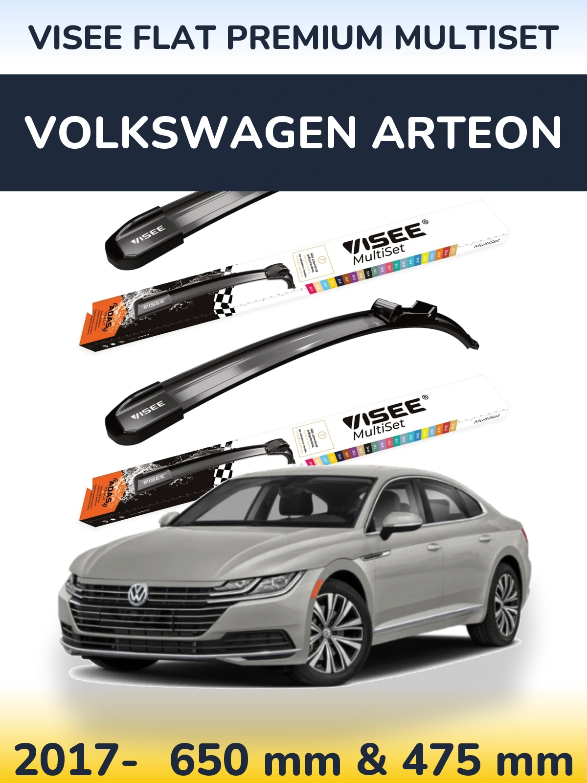 Komplet przednich wycieraczek VISEE FLAT PREMIUM MultiSet 650 & 475 mm do Volkswagen Arteon 2017-2026