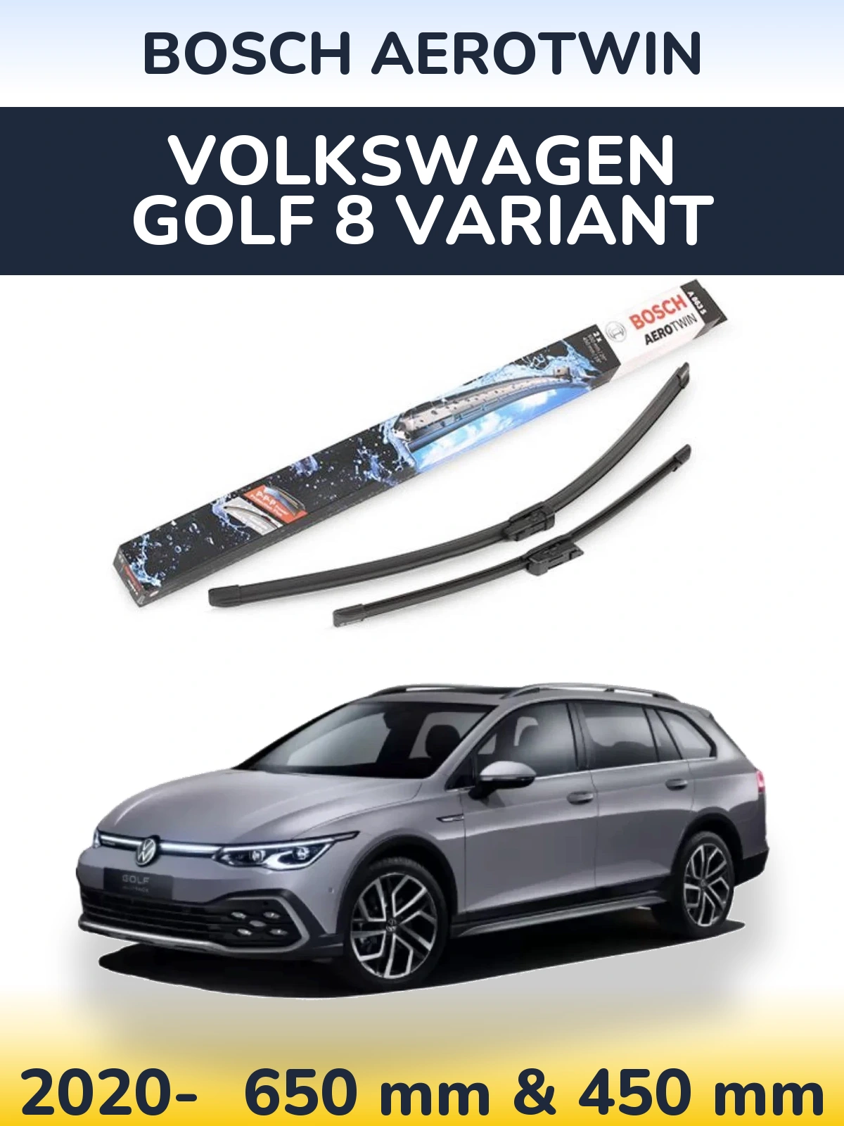 Комплект передних дворников BOSCH AeroTwin 650 & 450 мм для Volkswagen Golf 8 Variant 2020-2026