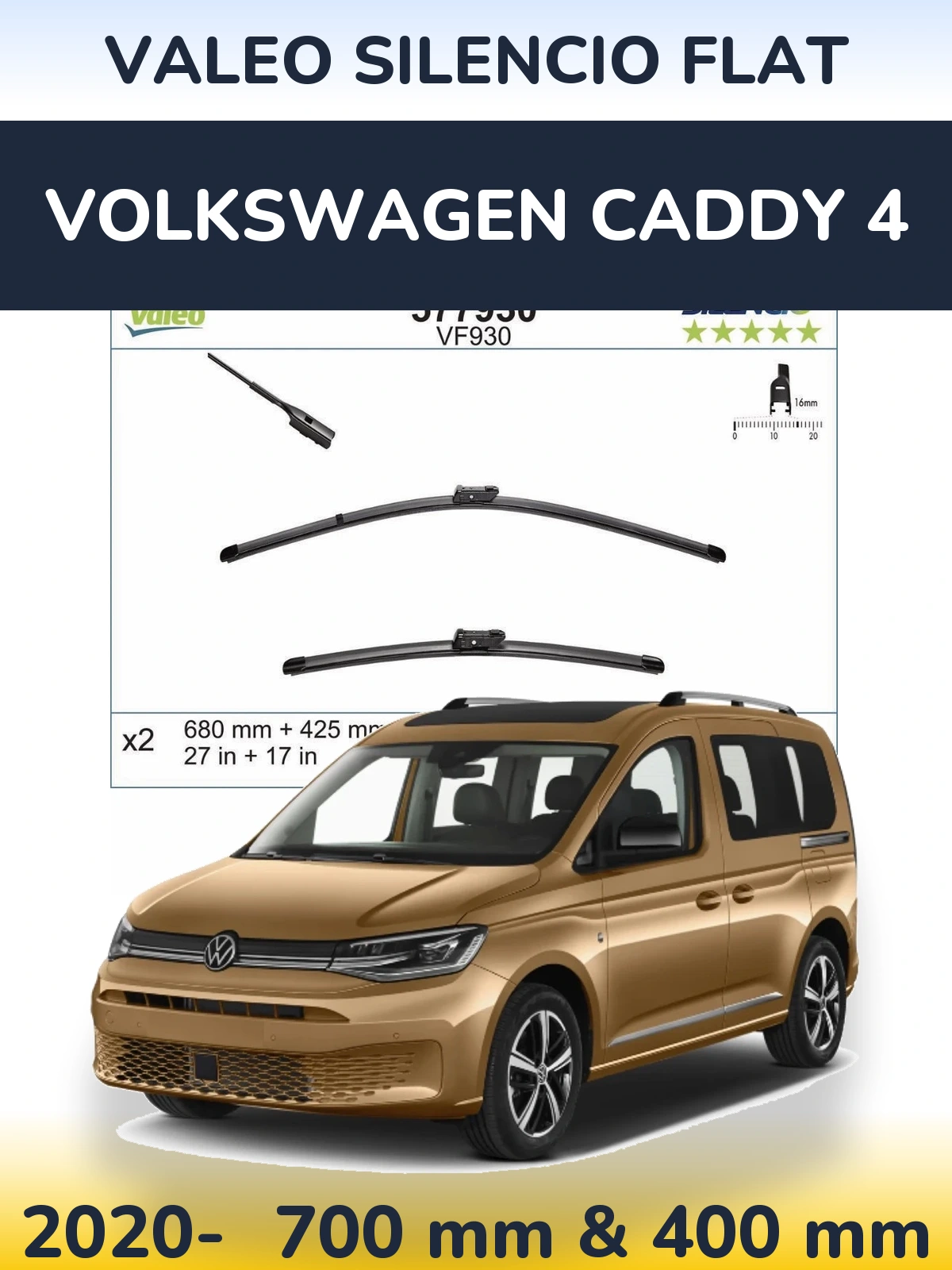 Комплект передних дворников Valeo Silencio Flat 680 & 400 мм для Volkswagen Caddy 4 2020-2026