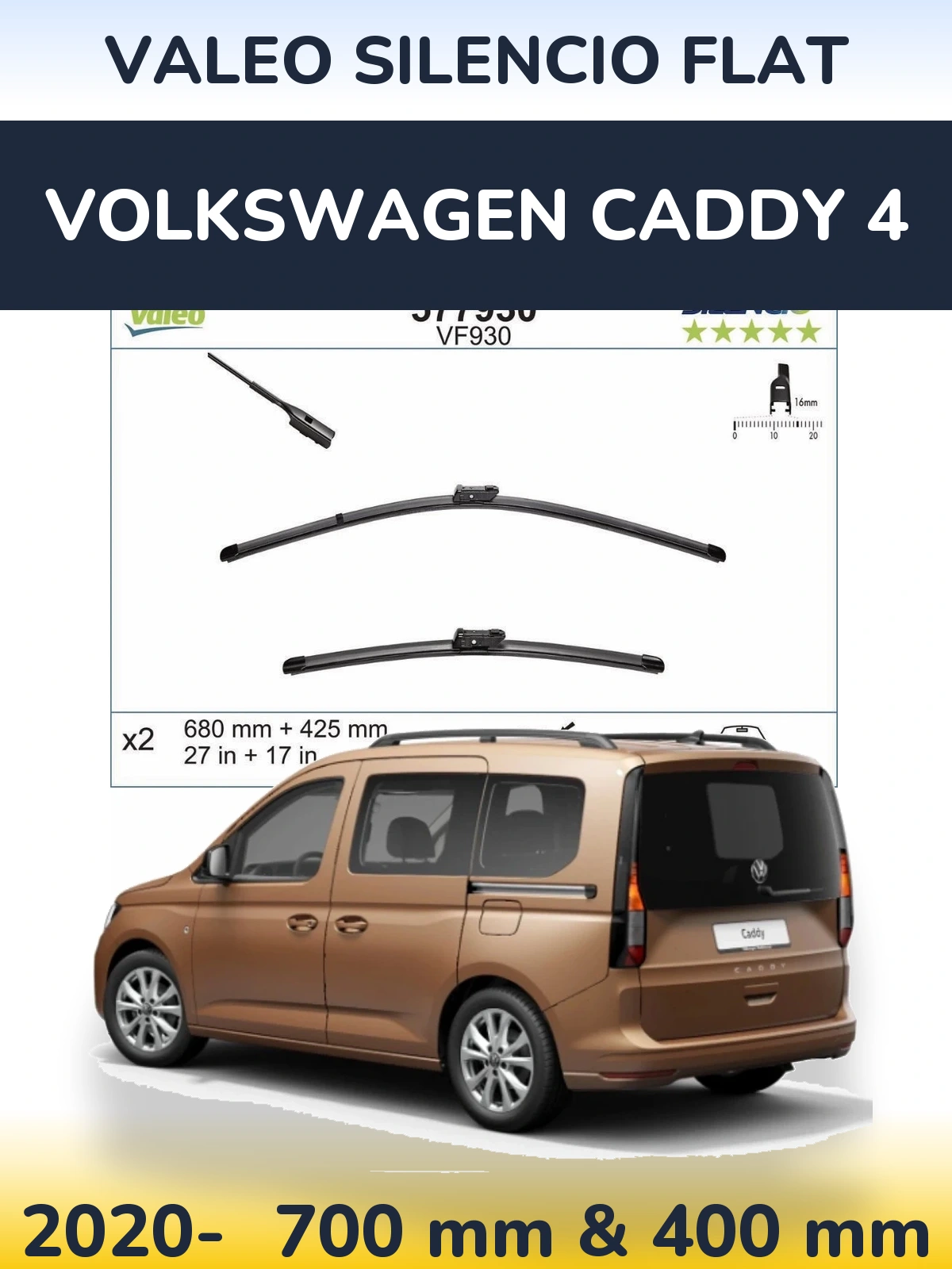 Komplet przednich wycieraczek Valeo Silencio Flat 680 & 400 mm do Volkswagen Caddy 4 2020-2026