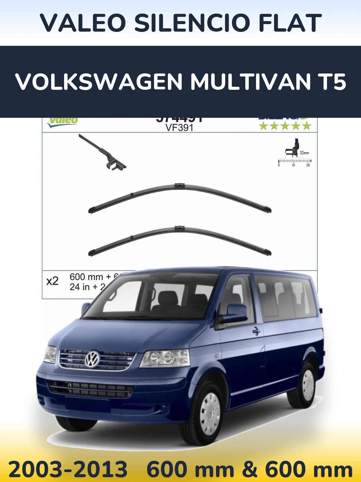 Komplet przednich wycieraczek Valeo Silencio Flat 600 & 600 mm do Volkswagen Multivan T5 2003-2013